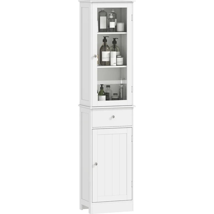 Platzsparende mobile Badezimmersäule mit Schrank, Schublade und Einlegeböden aus MDF, 40 x 27 x 171,5 cm, Weiß – Bild 1