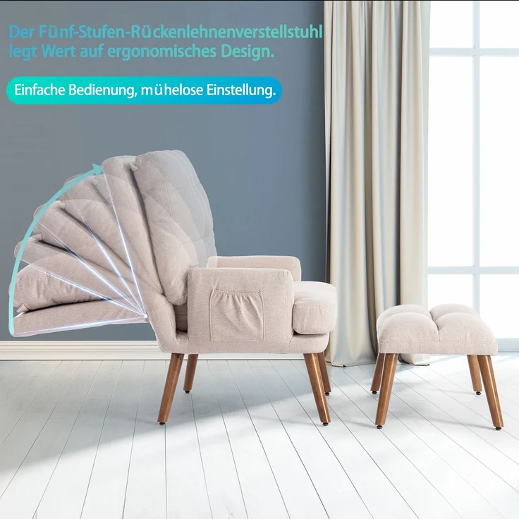 Stuhl mit Fußhocker, ergonomisches Relaxstuhl-Set mit Seitentaschen, Pull-Point-Design, weicher Schaumstoffpolsterung,Beige – Bild 7