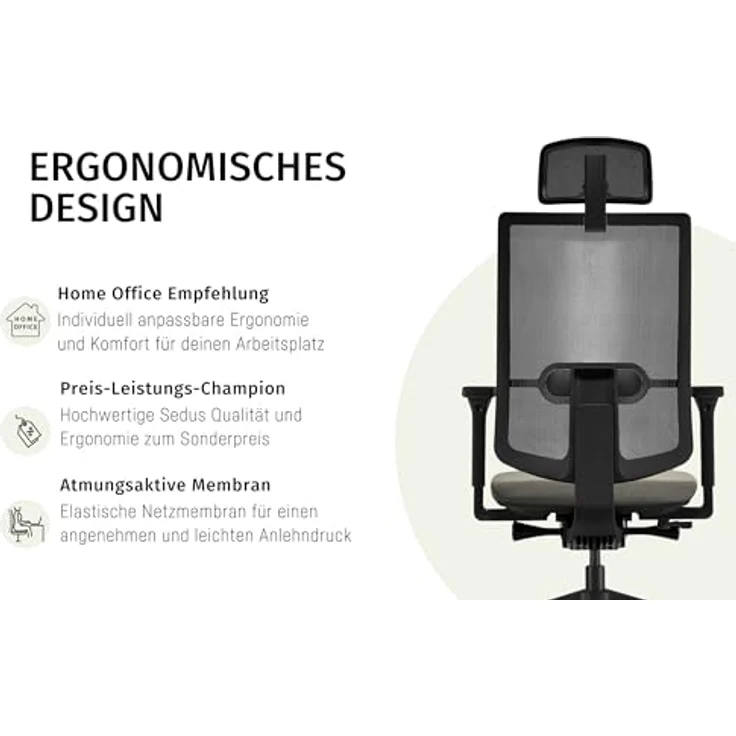 Sedus, se:do PRO Light 2, ergonomischer Bürostuhl, Netzmembran, Creme, Lordosenstütze, Nackenstütze, höhenverstellbar – Bild 8