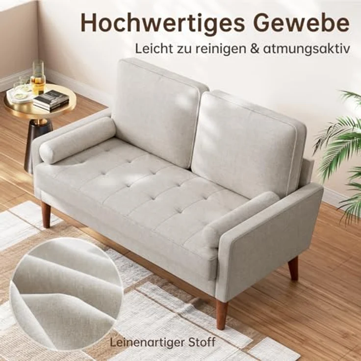 Vesgantti Sofa 2-Sitzer, 121 cm, Stoffcouch, Beigegrau, Couch 2 Sitzer mit 2 Wurfkissen, Kleine Stoffcouch mit Armlehne, Knöpfe Sitzkissen Gästesofa für Wohnzimmer/Wohnung/Büro – Bild 3
