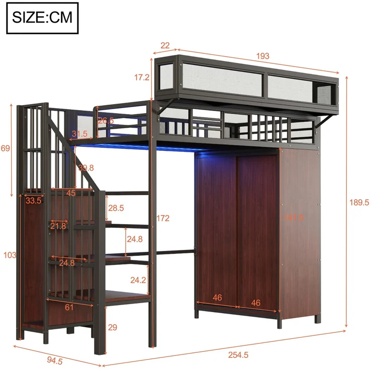 EINHOM Metall-Hochbett 90 x 200 cm mit Kleiderschrank, Sicherheitsleiter, LED-Beleuchtung und Schutzgittern aus Netzgewebe mit Abnehmbaren Regalen, Schwarz (Ohne Matratze) – Bild 2