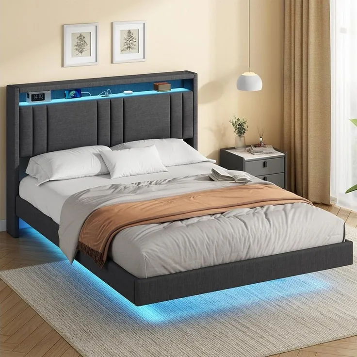 MSMASK Bettgestell Bett Bettgestell 140x190 cm, Bettrahmen mit LED-Beleuchtung, Leinenstoff Grau