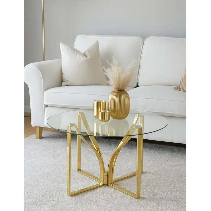 Couchtisch rund, Glasplatte, Gestell goldfarben, Ø 80 cm, Höhe 44 cm – Bild 4