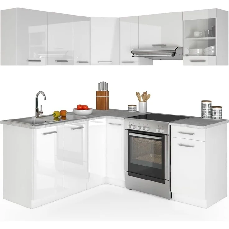 Eckküche R-Line Weiß Hochglanz/Weiß 187 x 167 cm, AP Marmor mit LED-Leisten Vicco – Bild 9