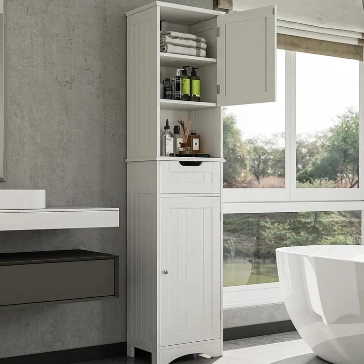 Bealife Hochschrank Badezimmer, Badschrank mit verstellbaren Regalen, Badezimmerschrank mit offenem Fach, Schublade und Türen für Badezimmer, Wohnzimmer, Schlafzimmer (Weiß)