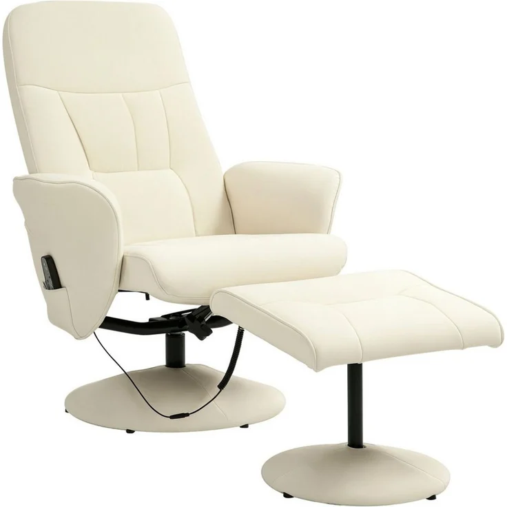 HOMCOM Massagesessel mit Fußhocker, Liegefunktion, 10 Massagepunkte (Relaxsessel, 2-St, Fernsehsessel), mit Seitentasche, Fernbedienung, Kunstleder, Cremeweiß
