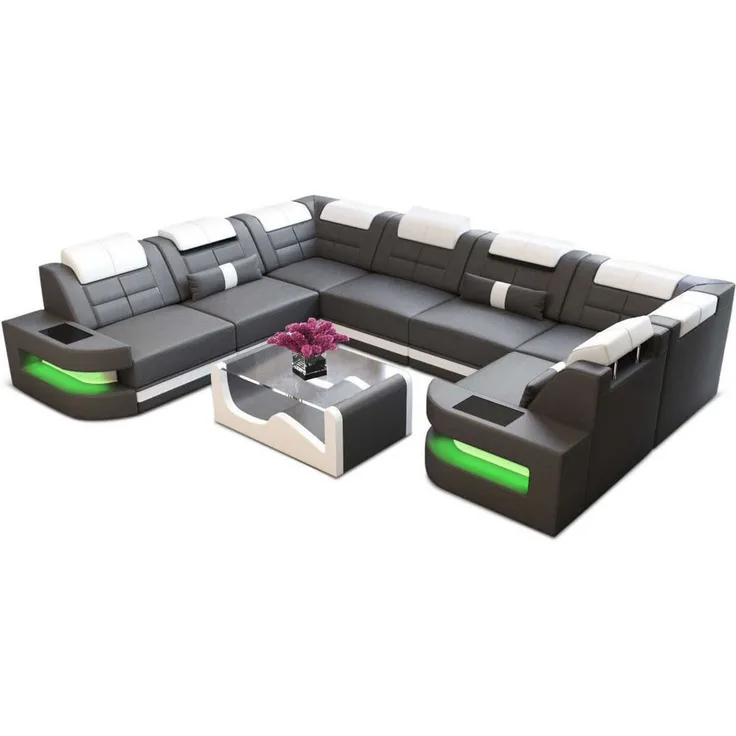 Mini Wohnlandschaft Como U Form - Ledermix - grau-weiß - Links