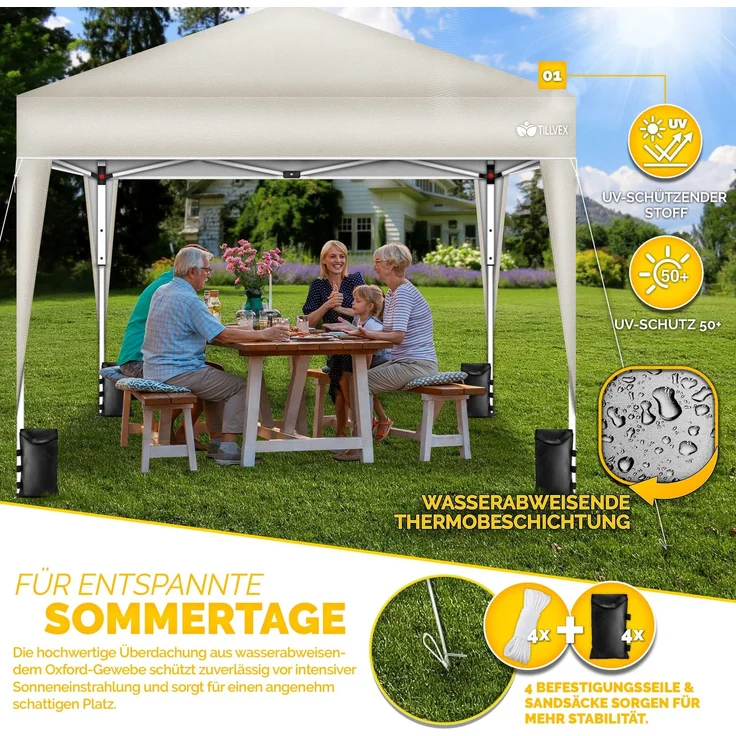 tillvex Pop-Up Faltpavillon mit Tasche, wasserdicht, höhenverstellbar & UV Schutz 50+, Stahl / Polyester, 3x3 m, Beige – Bild 9