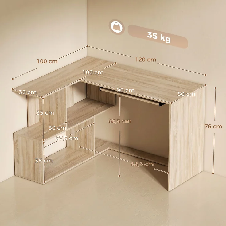 Eckschreibtisch, 120 x 100 x 76 cm, L-förmiger Computertisch mit Tastaturablage, 4 offene Fächer, natur – Bild 5