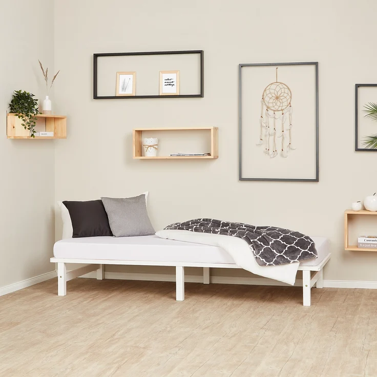 Holzbett 90x200 mit Matratze Holzbettrahmen Weiß Palettenbett Einzelbett Bett Massiv Holz Bettgestell – Bild 2