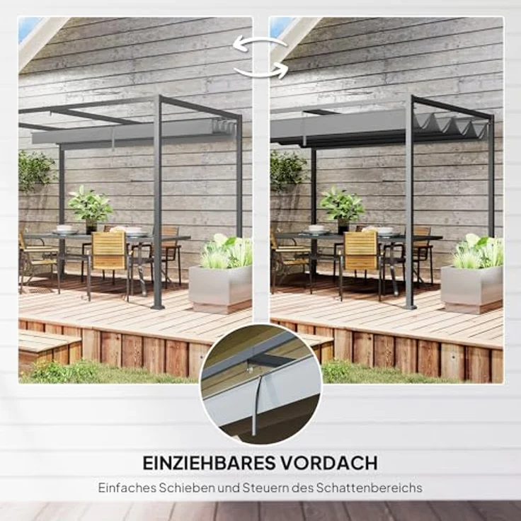 Outsunny Pergola 3x2m Gartenpavillon mit verstellbarem Dach, UV- und Wasserschutz, freistehendes Metall-Dach für Terrasse und Garten, grau – Bild 3