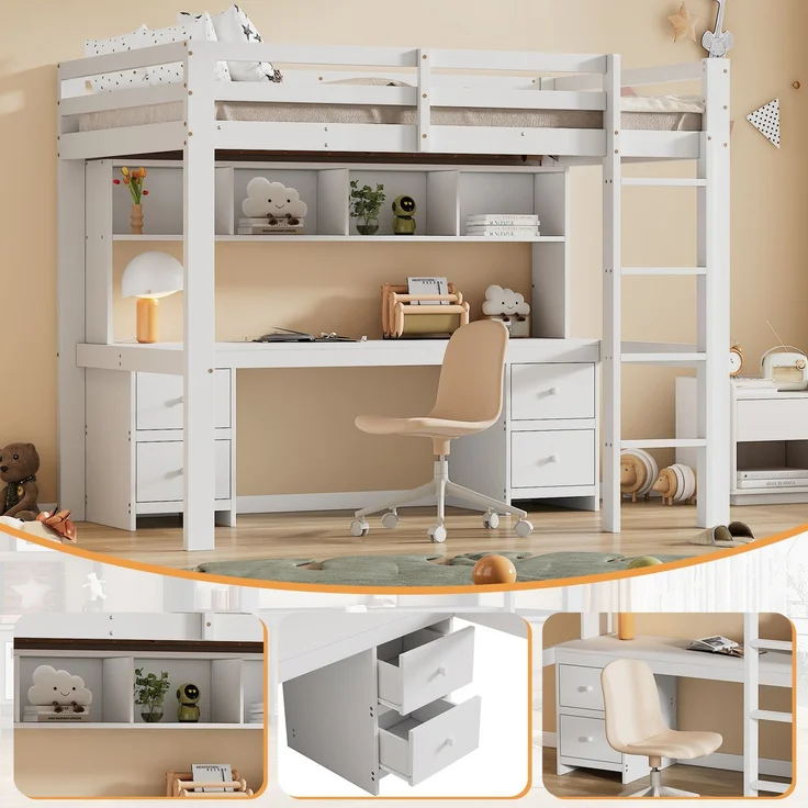 Hochbett 90x200 cm mit Schreibtisch und Stauraum,Kinderbett aus massivem Kiefernholz,Multifunktionsbett mit 4 Schubladen und 4 Regalfächern,Weiß – Bild 6