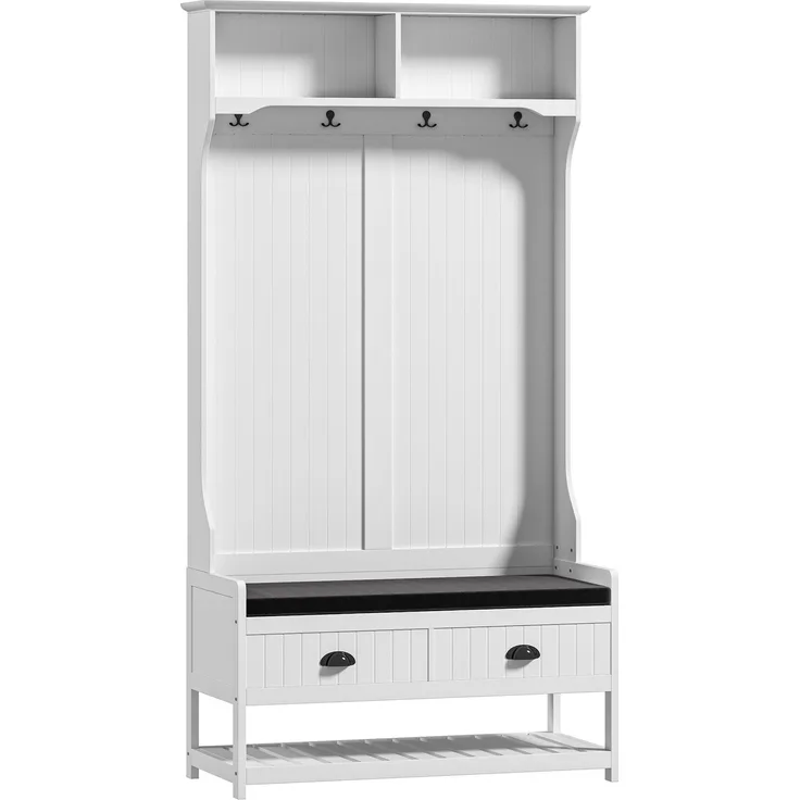 Faumrta 2-in-1 Garderobenständer, Kleiderständer mit 4 Haken, Garderobe mit Schuhbank und Ablagen, Jackenständer mit Kippschutz, für Eingangsbereich, Flur, Schlafzimmer, Weiß+Grau89CM*42CM*172CMWeißMDF (Medium-Density-Faserplatte)
