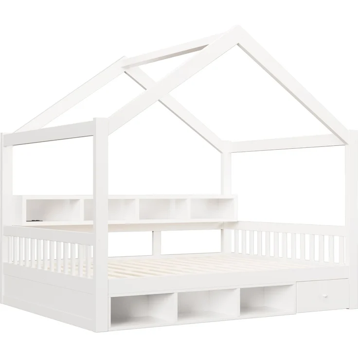 Bett 140x200 cm aus Kiefernholz und MDF, weiß, mit Dachrahmen, Stauraum und LED, ohne Matratze – Bild 9