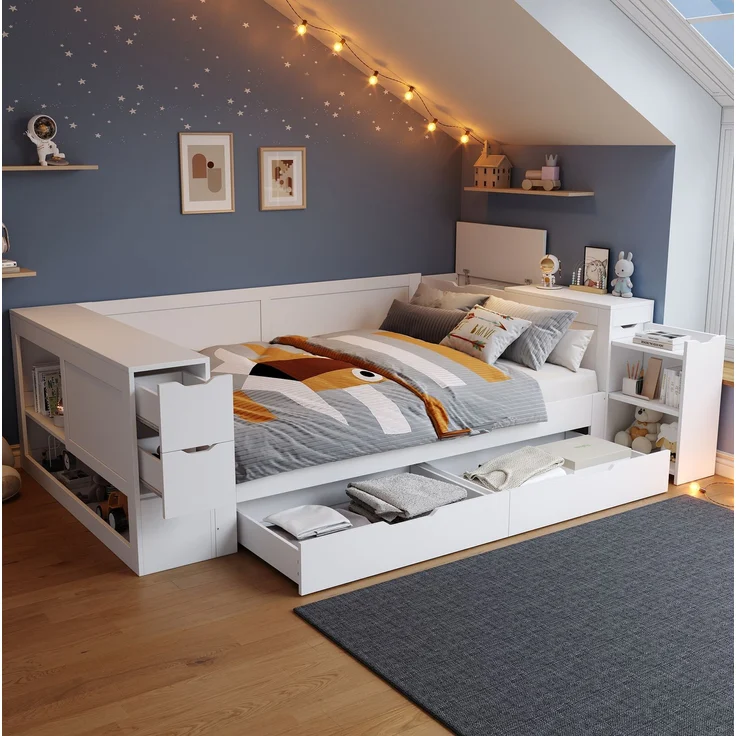 CHICFURN Bett aus MDF Weiß 140x200 cm mit Stauraum und Lattenrost – Bild 2