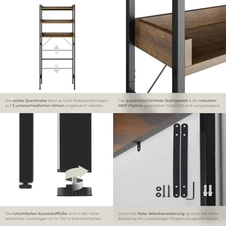 tectake Badezimmerregal mit 3 Ablagen, Badregal, Waschmaschinenregal, Industrial Design, Überbauschrank, Regal für Waschmaschine, Toilettenregal, WC Regal, 67 x 25 x 165 cm - Industrial Dunkelbraun – Bild 6