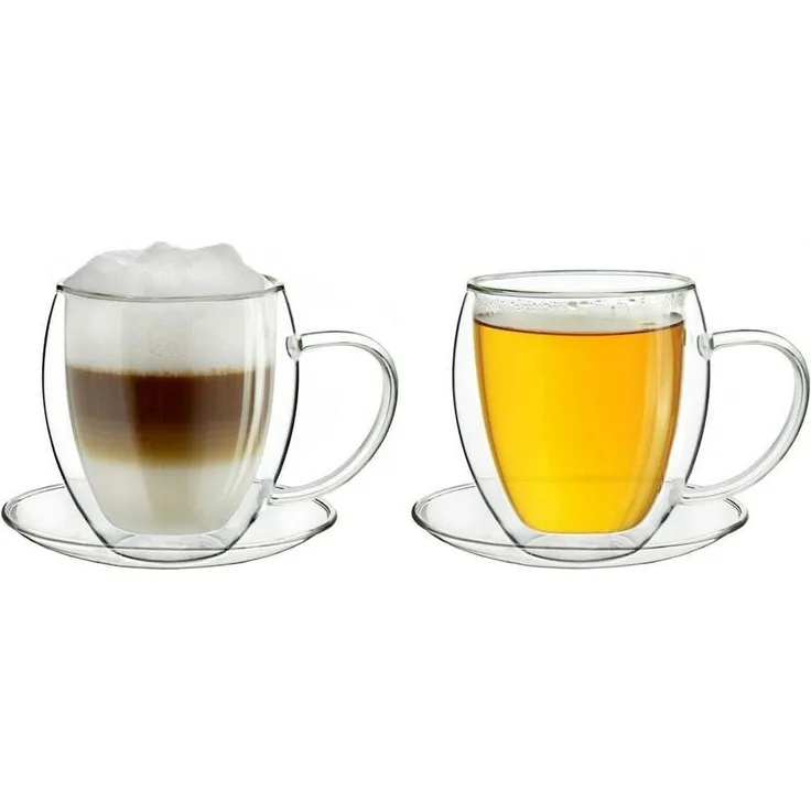 Creano Teeglas Creano 2er-Set Thermotasse, Extra Große doppelwandige Gläser mit Unter, Borosilikatglas, 2 Tassen mit Untertassen