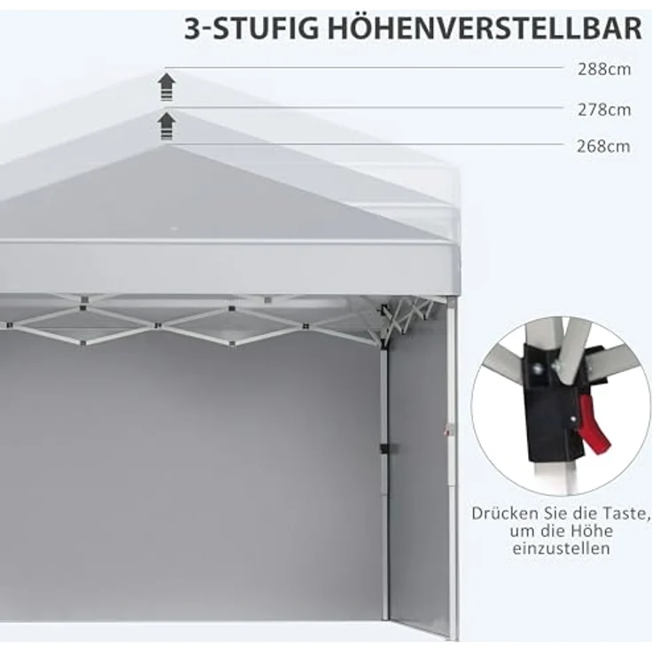 Outsunny Pavillon 3x3m, wasserabweisender Pop-up Faltpavillon mit 2 Seitenwänden, UV Schutz 30+, faltbar und höhenverstellbar, hellgrau – Bild 5