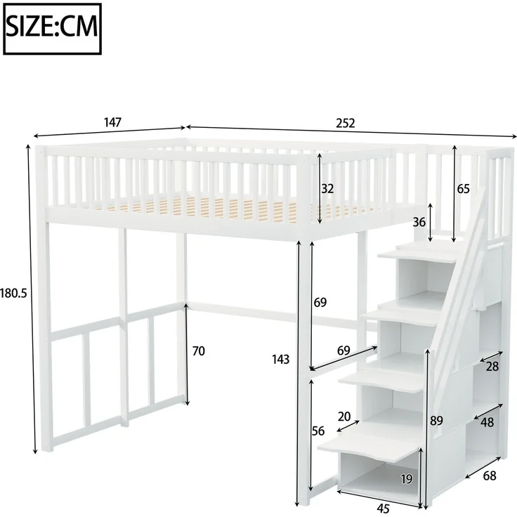 Merax Hochbett 140x200cm mit Sicherheitsaufbewahrungsleiter, Sicherheitsumrandung, Bettgestell aus massiver Kiefer, Geeignet für Kinder, Jugendliche und Erwachsene, Weiß – Bild 4