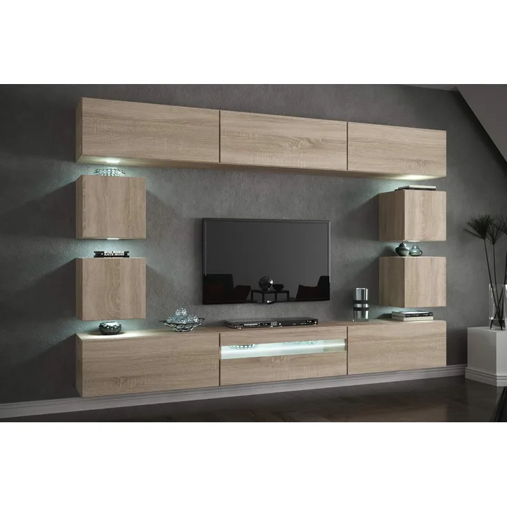 FURNITECH Future C81 Wohnzimmer Wandschrank Mediawand mit Led Beleuchtung Schrankwand Wohnwand Möbel (C81-M-S3 1B (273cm), LED RGB (16 Farben))