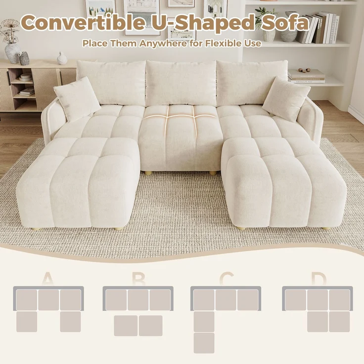 ZUBALIYA L-/U-förmiges wandelbares Ecksofa, 5-Sitzer modulare Sofakombination mit 2 Hockern und Kissen, Chenille-Stoff, Cloud-Sofa, breite Armlehnen, geeignet für Wohnzimmer, Schlafzimmer, Wohnung – Bild 4