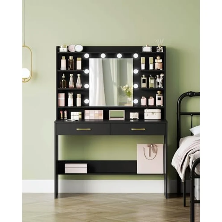 Schminktisch mit Spiegel, Schminktisch mit Ablageflächen und 2 Schubladen, für Schlafzimmer, Wohnzimmer, Verstellbare Helligkeit, 40 x 100 x 149 cm, Schwarz – Bild 3