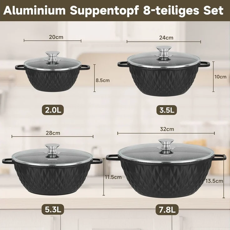 HOMELUX Topf-Set 8-tlg Kochtopf Set Induktions 20/24/28/32cm Töpfe Set mit Deckel, Aluminium (Kochtöpfe Induktions für Alle Herdarten), Induktion, Antihaft-beschichtung – Bild 1