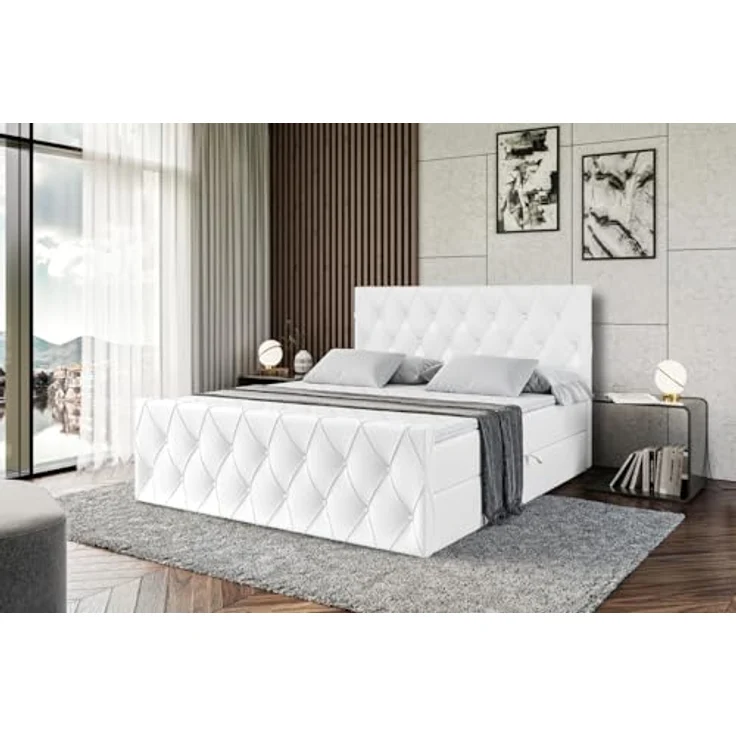 ALTDECOR AMAY Boxspringbett 180x200 cm, Polsterbett mit 21 cm hoher Matratze (H4), 4 cm Topper und Bettkasten, Weiß Kunstleder – Bild 5