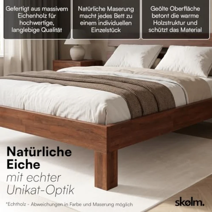 skølm Floki Massivholzbett 180x200 cm aus Eiche - hochwertiges Bettgestell in Walnussoptik - Bettrahmen mit Bettkopf - Holzbett in Natur geölt - Bett geeignet als Doppelbett - Futonbett Schlafzimmer – Bild 5