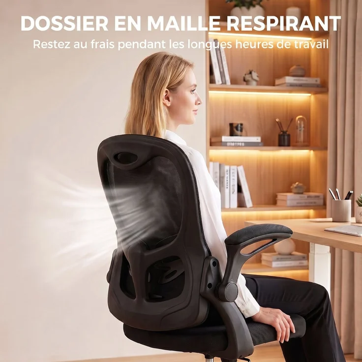 Ergonomischer Bürostuhl, Bürostuhl aus Netzgewebe, hochklappbare Armlehnen, höhenverstellbar, Wippfunktion, schwarz – Bild 8