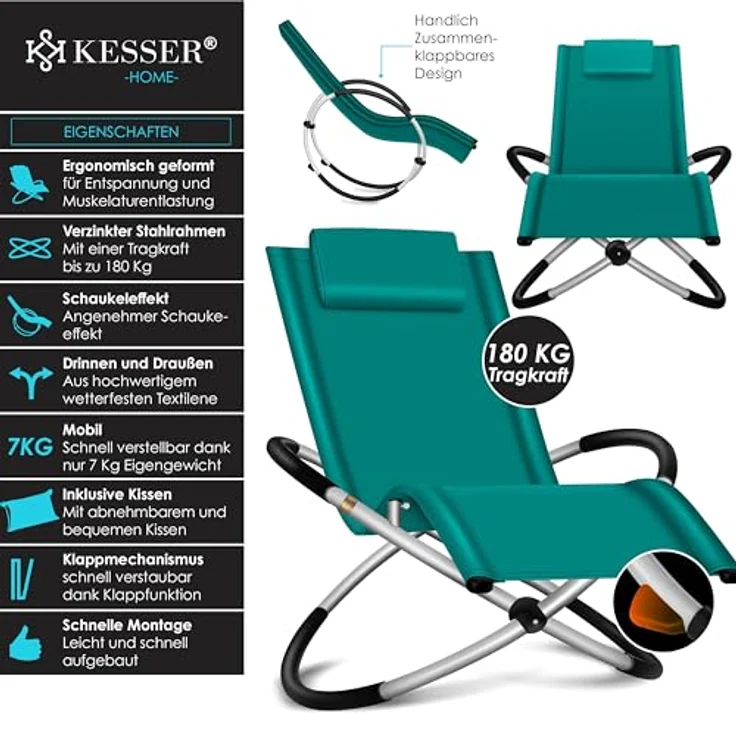 KESSER® Relaxliege Liegestuhl | Gartenliege Sonnenliege | Gartenstuhl | Klappstuhl faltbar | Schwungliege | Schaukelsessel | ergonomische Relaxsessel | wetterfest | 180 kg Belastung, Petrol Grün – Bild 3