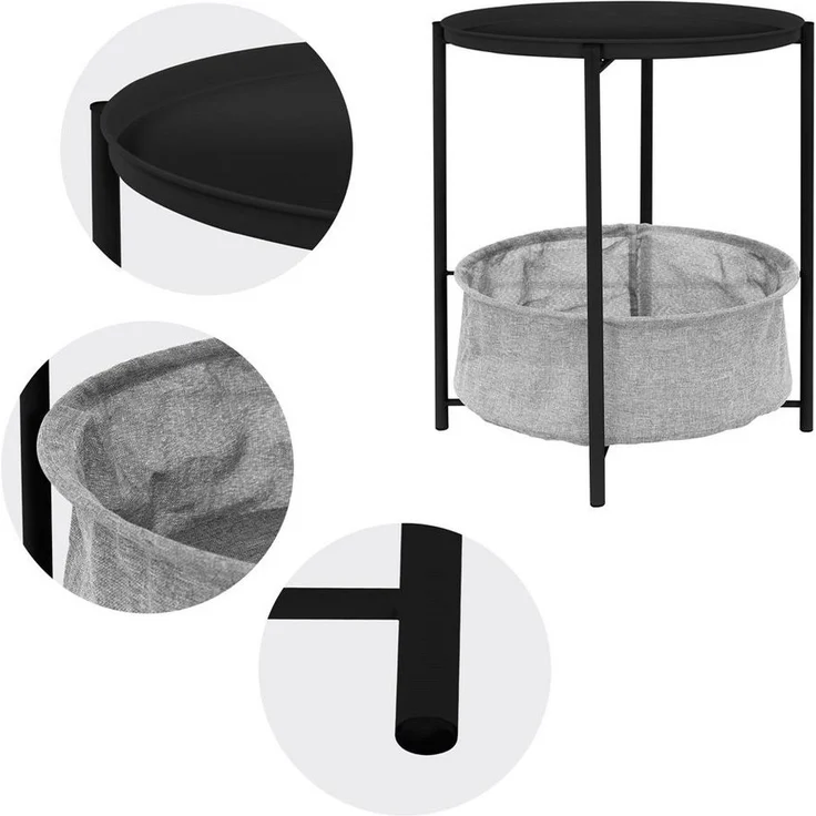 ML-DESIGN Beistelltisch Couchtisch aus Metall mit Stoffkorb als Stauraum & abnehmbarer Tablett, Sofatisch Wohnzimmertisch Nachttisch Tisch Couchtisch Schwarz – Bild 2