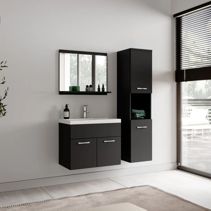 Badplaats Badezimmerschrank Montreal 30 x 30 x 131 cm Schwarz Matt - Hoch Badschrank Mit 2 Türen – Bild 2