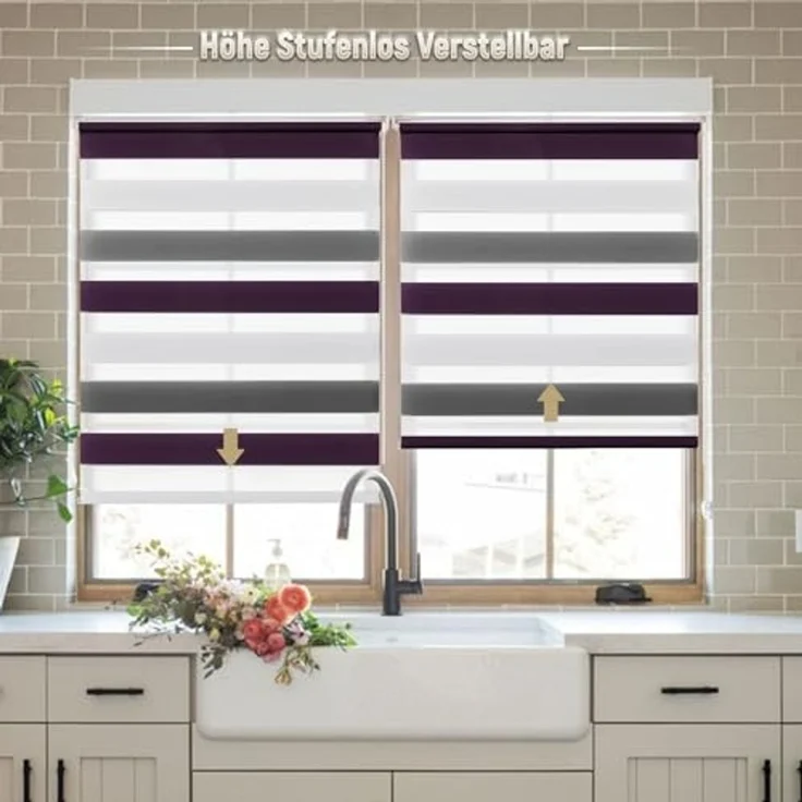 Deswell Doppelrollo Klemmfix ohne Bohren Weiß-Grau-Lila B90 x H120 cm (Stoffbreite 86cm) Rollos für Fenster ohne Bohren für Fenster mit Lichtdurchlässig & Verdunkelnd/Höhe Stufenlos Verstellbar – Bild 2