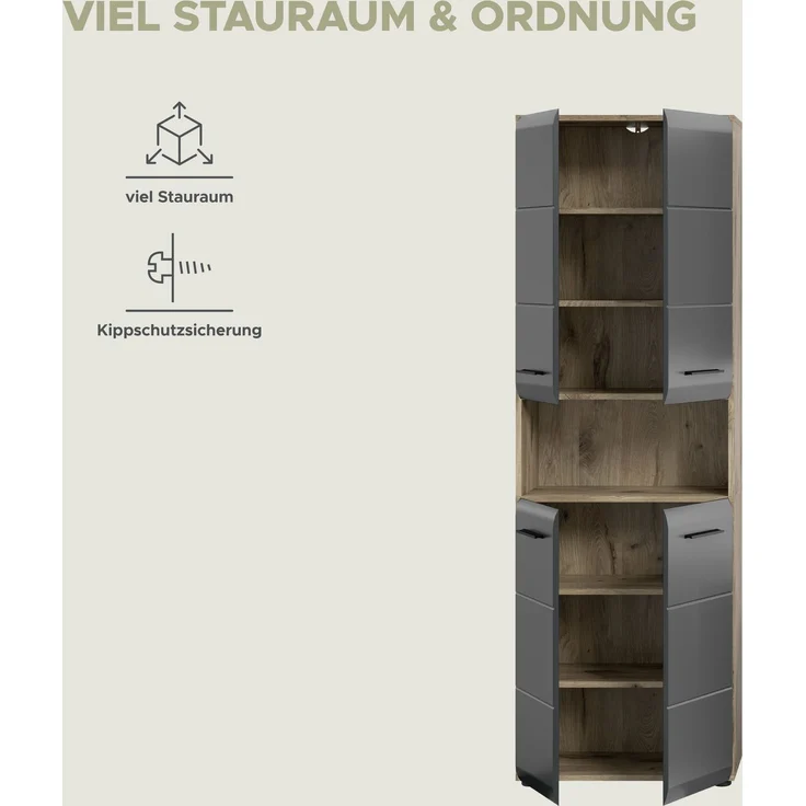Hochschrank breit (B/H/T: 60x185x30 cm) in schwarz matt und Nox Oak Nachbildung – Bild 8