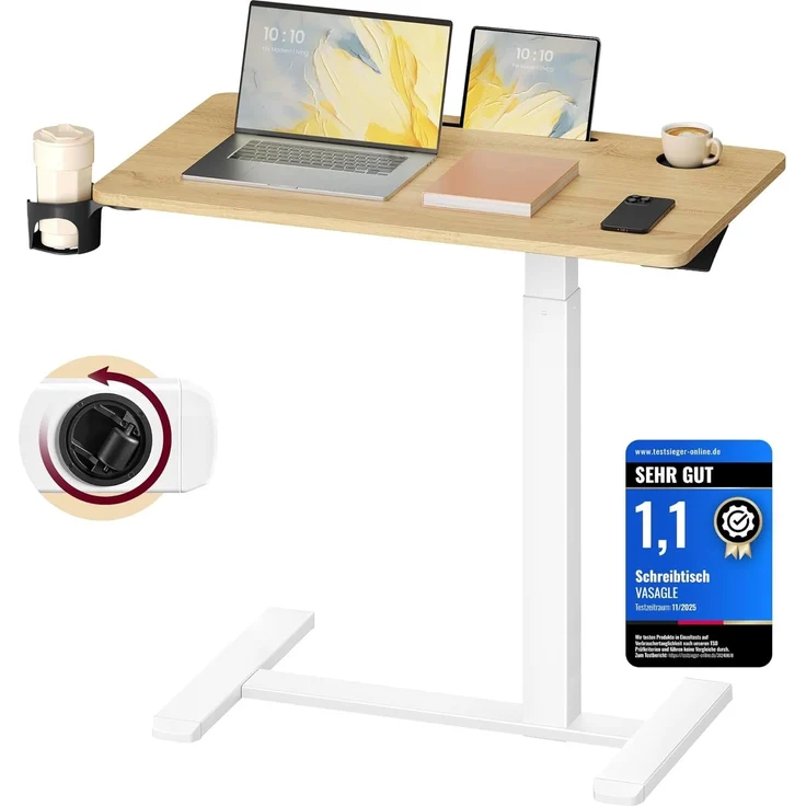 VASAGLE Beistelltisch mit Rollen, mobiler Stehtisch, 80x45 cm große Tischplatte, verstellbare Höhe, 2 Getränkehalter, Schlitz für Handy oder Tablet, goldeichenfarben LSD601YA01 – Bild 1