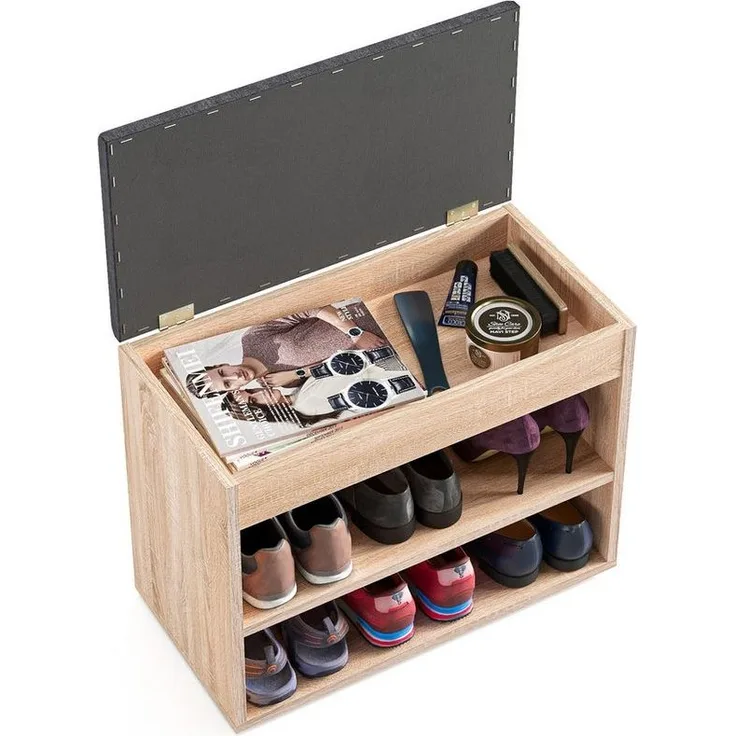 KOMTO Schuhschrank Schuhbank mit Sitzfläche Schuhschrank mit Sitzbank Flur Bank Sofia Eiche 60 x 48 x 32 cm