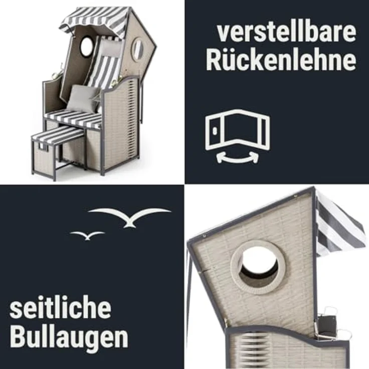 Wohnando Strandkorb Single Strandkorb "Kapitän", 80x73x158cm (BxTxH), (1-tlg), im Martimen Design mit Bullauge – Bild 6