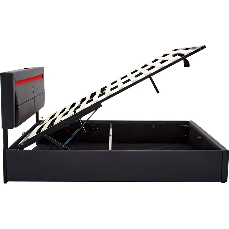 Merax Polsterbett, Doppelbett, 140x190 cm, mit USB-Anschluss (unterstützt kabelloses und kabelgebundenes Laden), LED-Beleuchtung und Stauraum, PU, schwarz – Bild 7