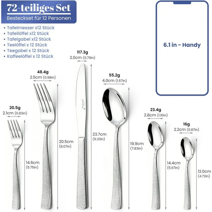 HOMELUX Besteck-Set 72-tlg. Besteck Set Für 12 Personen,Edelstahl, glänzend Silber, 12 Personen, Spiegelpoliert,spülmaschinengeeignet,hochwertiger Besteckkasten – Bild 3