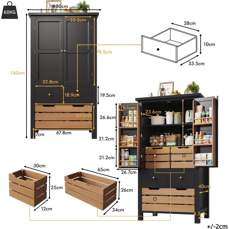 Küchenschrank (80x40x140cm), hohes Küchenbuffet, Mehrzweckbuffet, Snackschrank, Aufbewahrungsmöbel mit zwei Türen und fünf Schubladen, schwarz/weiß--Schwarz--80x40x140cm--YOUDENOVA – Bild 5