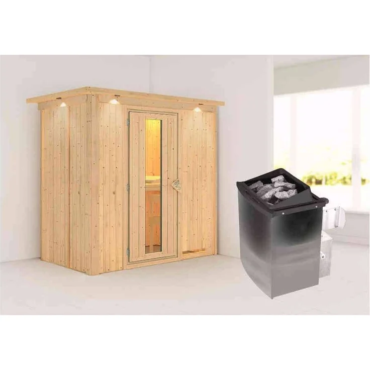 Karibu Sauna Variado mit Dachkranz + 9kW Saunaofen mit integr. Steuerung Bronzierte Ganzglastür – Bild 2
