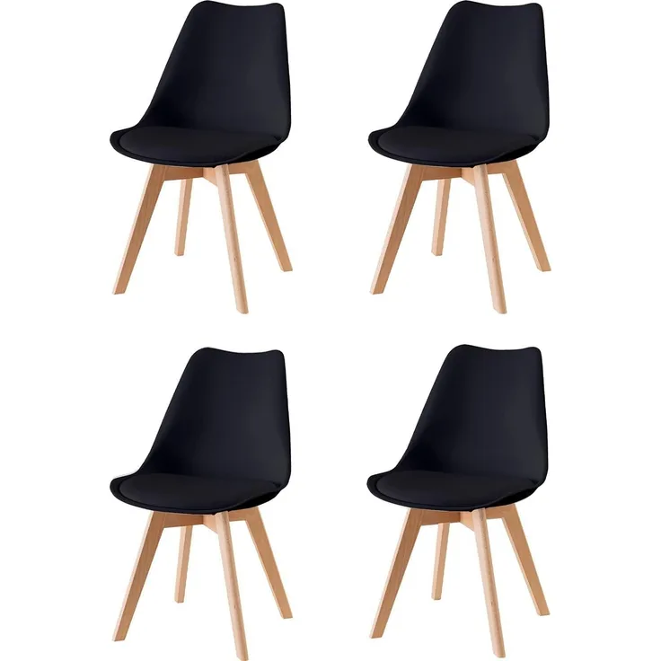 Baroni Home ESS- oder Bürostuhl mit Holzbeinen, Ergonomischer Stuhl mit integrierten Kissen, Schwarz, 4 Stück, 50X48X82 cm