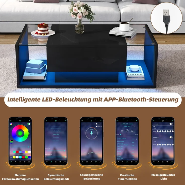 Quadratischer Couchtisch 100 x 50 x 31 cm, Hochglanz schwarz, gehärtetes Glas, 1 Schublade, halboffener Stauraum,mit LED-Lichtleiste – Bild 7