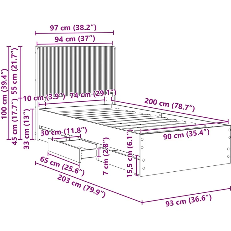 vidaXL Bettgestell mit Stauraum und Kopfteil Betongrau 90 x 200 cm 3413980 – Bild 11