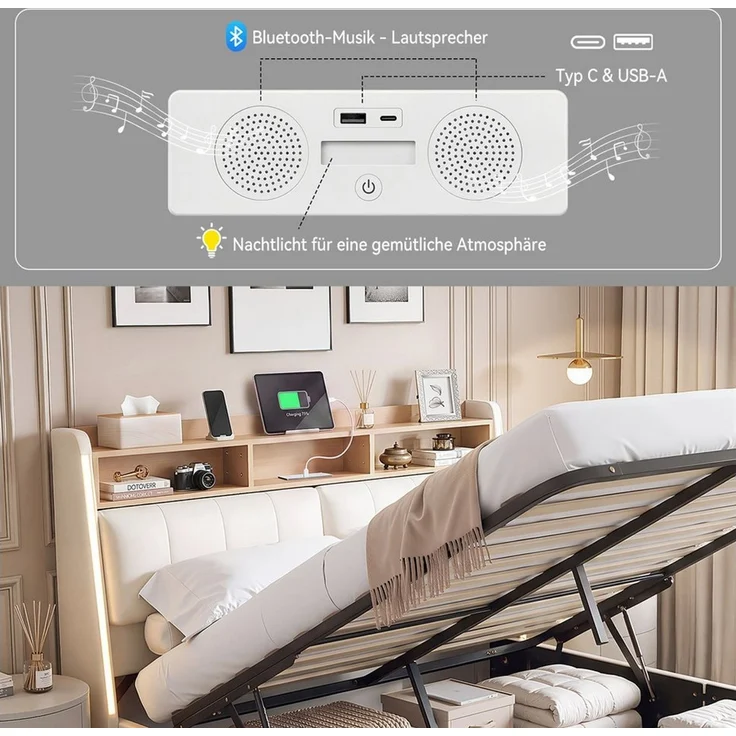 oyajia Polsterbett 140x200 cm Stauraumbett LED Doppelbett (Mit LED und USB & Type-C Ladeanschluss, Bluetooth-Lautsprecher, verstellbares Kopfteil,ohne Matratze), Bettgestell mit Bettrahmen und Lattenrost,Hydraulische Bett, Leinen – Bild 3