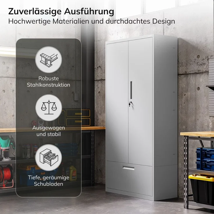 Metallschrank mit Hohe Schublade RUEL - 195x90x40cm Grau | Büroschrank Aktenschrank Stahlschrank Fachbodenschrank Werkstattschrank – Bild 6