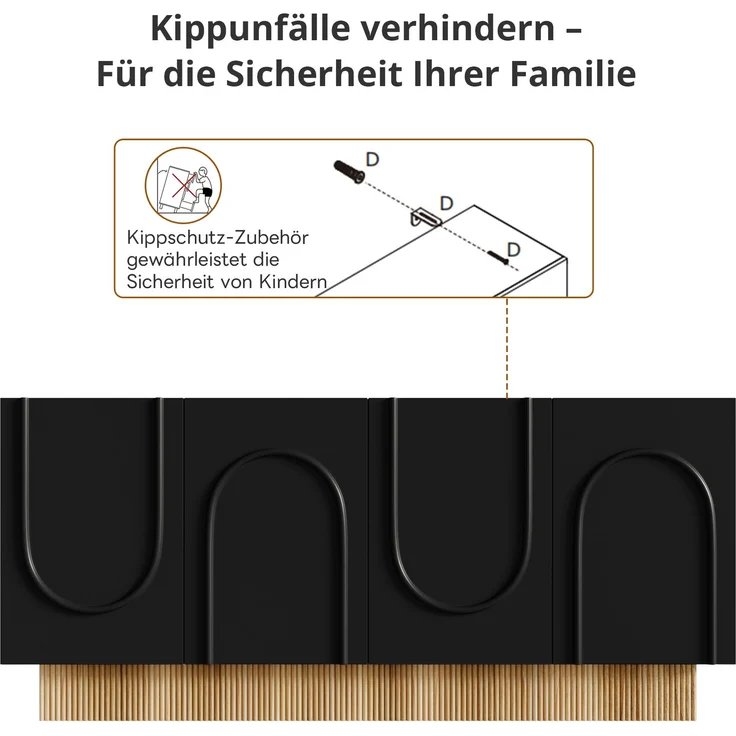 ZUBALIYA Sideboard 160x38x75 cm, mit 4 Türen, aus Spanplatte, Schwarz / Holzfarben – Bild 9