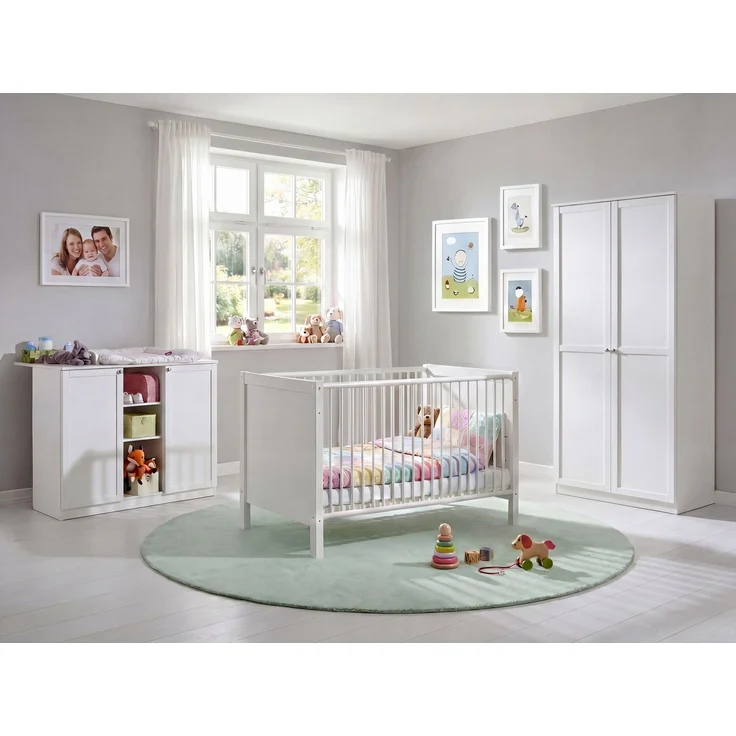 Babyzimmer-Set Kinderzimmer Babybett Wickelkommode Kleiderschrank 90 cm in Weiß – Bild 1