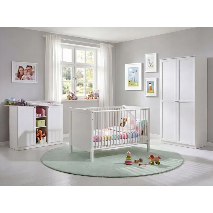 Babyzimmer-Set Kinderzimmer Babybett Wickelkommode Kleiderschrank 90 cm in Weiß